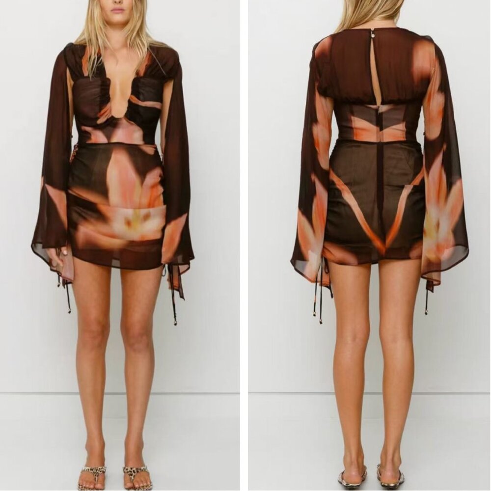 The Wolf Gang Zoya Mini Dress Cape Long Sleeves Cocoa Flower Cocktail Vacation